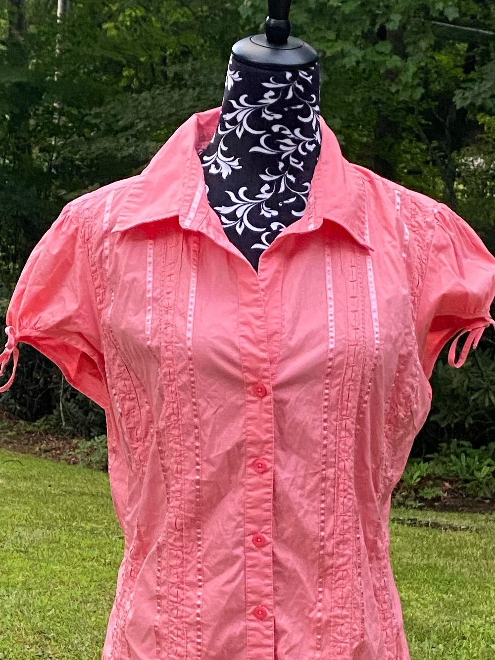 Studio 1940 Coral Pink Ribbon Trim Short-Sleeve Button Up Shirt Size Large - Picture 7 of 16